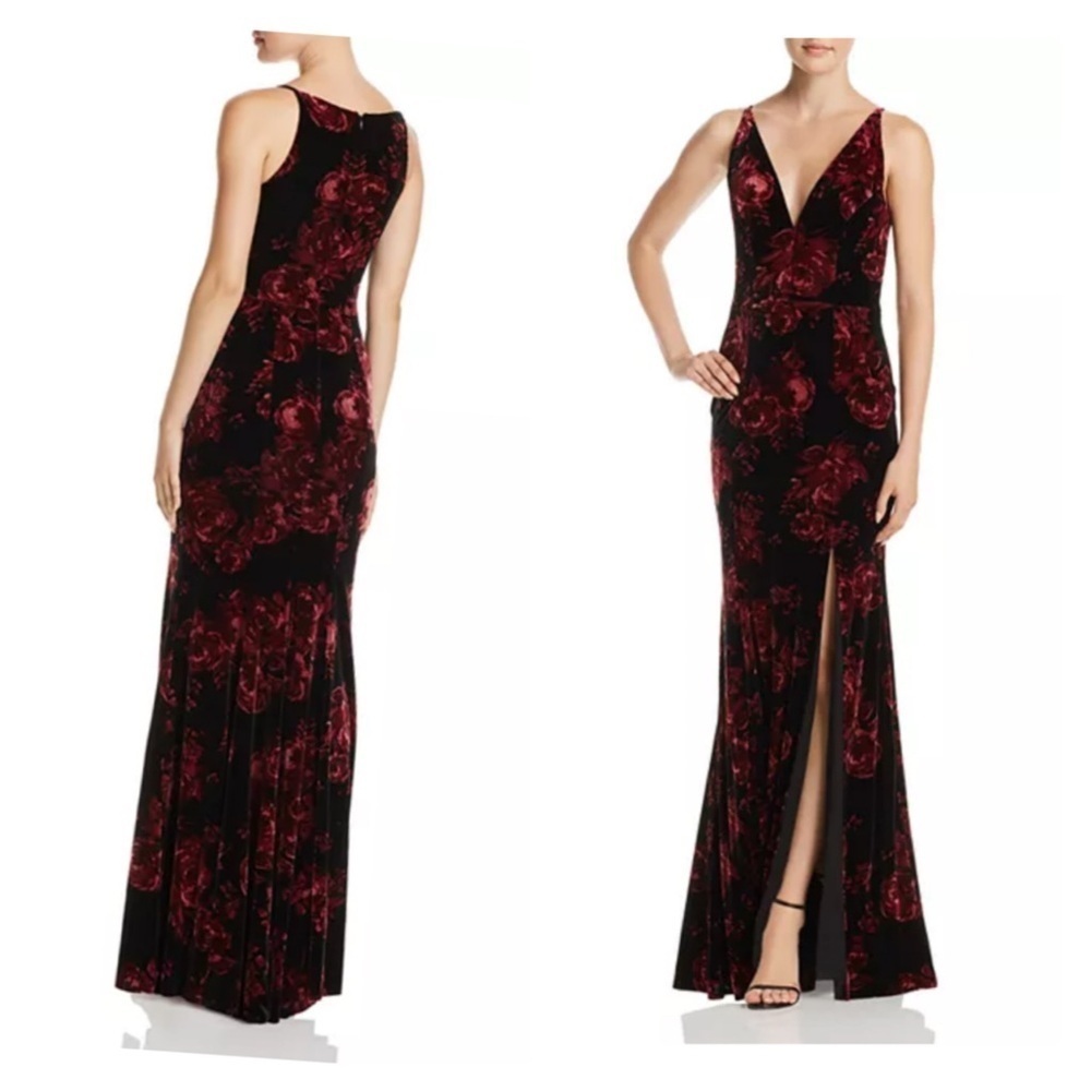 AQUA Floral Print Velvet V-Neck Gown maxi